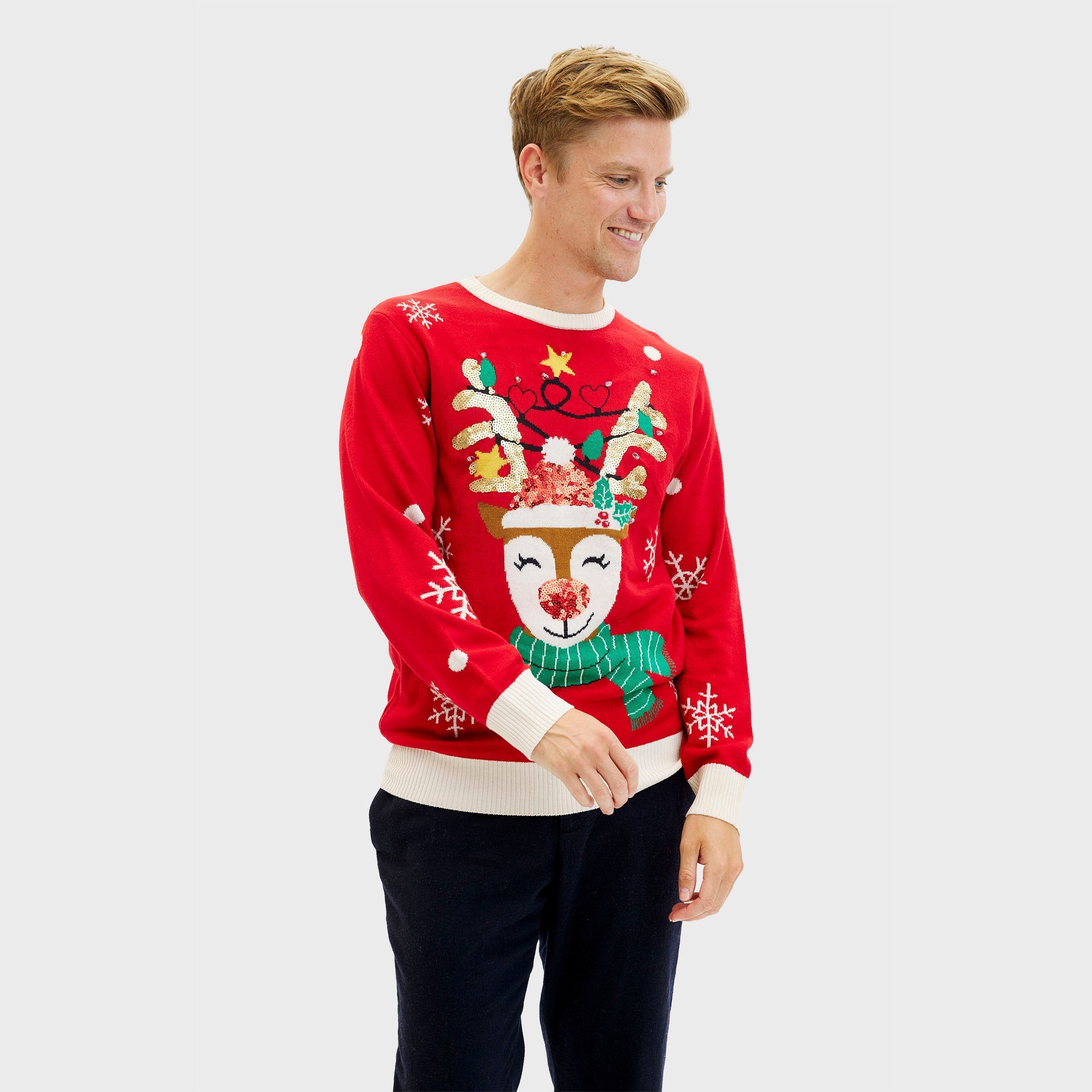 Roter Weihnachtspullover Herren mit süßem Rentier und weihnachtlichen Motiven, Acryl, auffälliges Design.